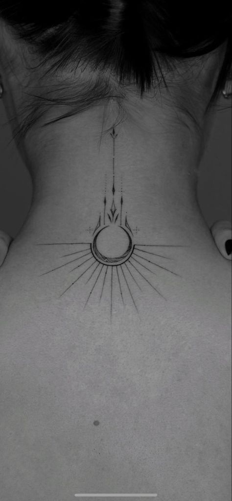 Back Off Neck Tattoo, Center Of Neck Tattoo, Air Tattoo Ideas Symbols, Raising Woman Symbol Tattoo, Feminine Rising Tattoo, Elegant Back Tattoos For Women Classy, Back Tattoo Meaningful, Rising Woman Tattoo Ideas, Lotus Sun Moon Tattoo