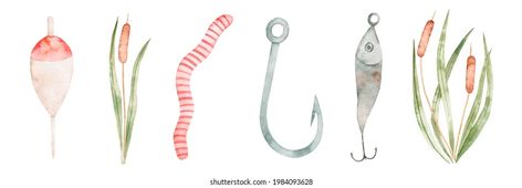 Set of watercolor illustrations of hand drawn float, reed, worm, hook, baubles. Fishing clipart. Camping with his father. Tackle. Isolated over white background. Fishing Hook Illustration, Watercolor Fishing, Fishing Clipart, Watercolour Ideas, Fish Clipart, Love Scrapbook, Watercolor Fish, Fish Illustration, Fish Drawings