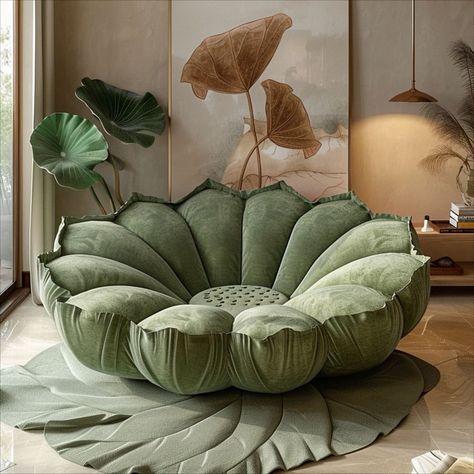 Sofa Unique Design, Garden Theme Living Room, Cute Sofas For Living Room, Lotus Room Decor, Zen Inspired Living Room, Unique Home Design Ideas, Zen Garden Bedroom, Unique House Interior, Home Zen Room