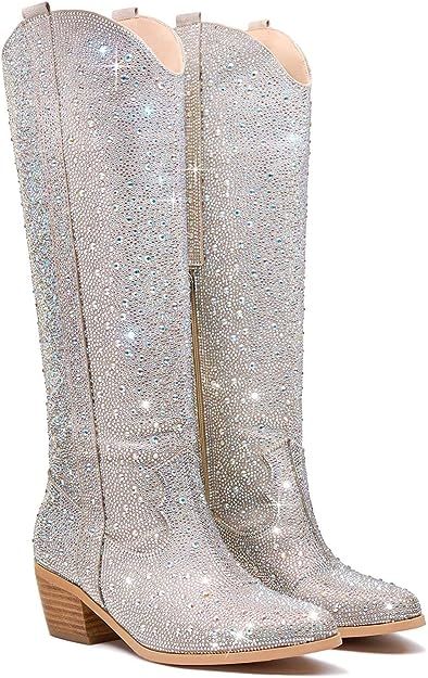 Amazon.com | GOSERCE Women's Rhinestone Knee High Cowboy Boots Western Cowgirl Tall boots for Ladies Pointed Toe Low Chunky Stacked Heel 5cm Pull On Tabs with Side Zipper Wide Calf Shiny Sparkle Glitter Fashion Boots Party Retro Classic Silver,8 | Knee-High Tall Western Boot, 12th Tribe, Glitter Boots, Western Boot, Pull On Boots, Cowboy Boot, Cowboy And Cowgirl, Silver Rhinestone, Mid Calf Boots