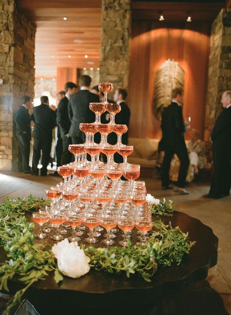 Champagne Tower Centerpiece, Wedding Alcohol Calculator, Champagne Tower Wedding, Champagne Towers, Champagne Fountain, Wedding Alcohol, Cocktail Wedding Reception, Jackson Hole Wedding, Champagne Tower