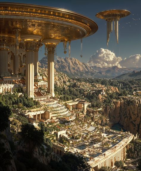 Air Kingdom Aesthetic, Scifi Building Concept Art, Ancient City Concept Art, Modern Fantasy Aesthetic, Cliffside City, Floating Building, New Era Aesthetic, Air Kingdom, Ancient Future