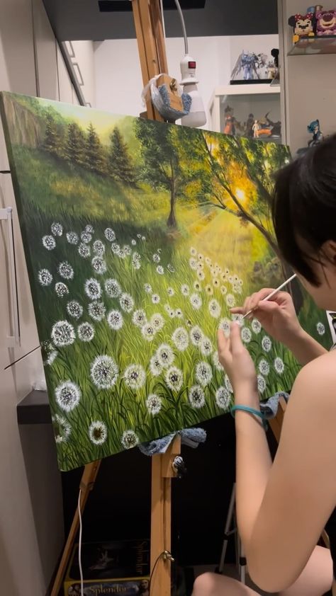 Wenn | I change the tittle from "Meadow in the Morning" into "Dandelion in the Morning" 😄🤍 Acrylic painting #acrylicpainting #paintingoftheday… | Instagram Dandelion Acrylic Painting, Dandelion Painting Acrylic, Dandelions Painting, Painting Dandelions, Gouache Ideas, Meadow Painting, Dandelion Painting, Sunrise Painting, Paint Canvas