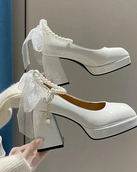 Link in bio. #shoes #shopping #sale #aliexpress #foryou Thick Heel Shoes, Summer High Heels, Mary Jane High Heels, Pearl Sandals, Wedding Shoes Lace, Elegant High Heels, White Wedding Shoes, Elegant Heels, White Shoes Women