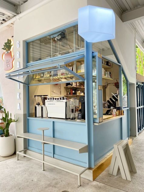 Blue Coffee Shop, Mini Cafe, Blue Cafe, Container Cafe, Coffee Stand, Small Coffee Shop, Small Cafe Design, Cafe Shop Design, Coffee Shop Aesthetic