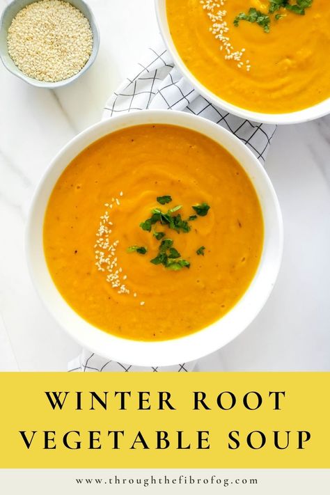 Fall Root Vegetable Soup, Winter Veg Soup, Root Vegetable Recipes Soup, Winter Vegetable Soup Recipes, Root Veggie Soup, Winter Solstice Meal Ideas, Root Vegetable Soup Recipes, Root Soup Recipes, Blended Vegetable Soup