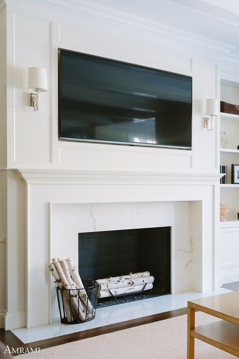 Tv Wall Design And Fireplace, Fireplace Molding Trim, Transitional Fireplace Design With Tv, Traditional Gas Fireplace Ideas With Tv Above, Classic Fireplace With Tv, Wainscoting Fireplace Wall With Tv, Traditional Fireplace With Tv Above, Lighting Around Tv, Lights On Side Of Tv