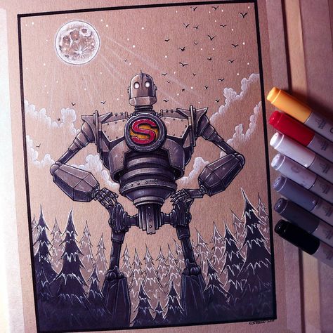 Micron Pen Art, Hexagon Tattoo, Disney Doodles, Iron Giant, Giant Poster, The Iron Giant, Drawing Heads, Poster Drawing, Movie Poster Art