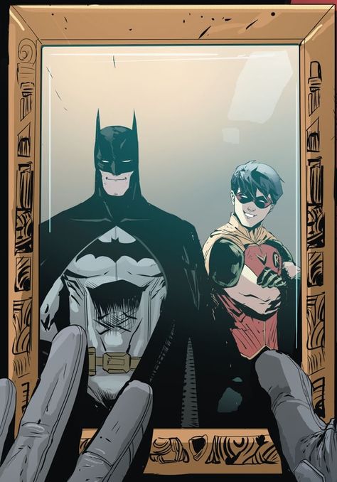 Jason Todd still has the picture. Batman and Robin Bruce Wayne  Red Hood and the Outlaws Rebirth Batman And Robin Movie, Robin Joker, Jason Todd Robin, Robin Comics, Univers Dc, 얼굴 그리기, Red Robin, Batman Comic Art, Im Batman