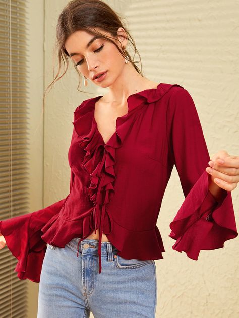 Flounce Sleeve Ruffle Trim Tie Front Top | SHEIN Classy Blouses, Frill Tops, Tie Front Dress, Western Dress, Blouse Back, Top Shein, Tie Front Top, Flounce Sleeve, Women Blouses