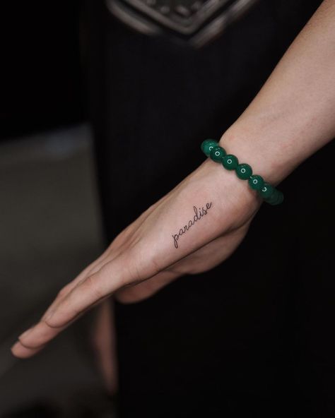 Paradise Hand Tattoo, Lana Paradise Tattoo, Ldr Inspired Tattoos, Paradise Tattoo Word, Lana Inspired Tattoo, Paradise Tattoo Lana Del Rey, Lana Del Rey Paradise Tattoo, Lana Tattoo Ideas, Paradise Tattoo Design