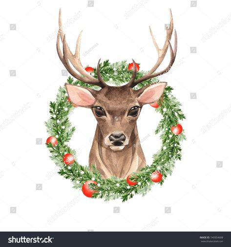 Noble deer. Christmas wreath. Watercolor illustration Engraving Art, Nordic Christmas, Deer Print, Watercolor Drawing, Christmas Deer, Visual Artwork, Bird Design, Watercolor Clipart, Poster Making