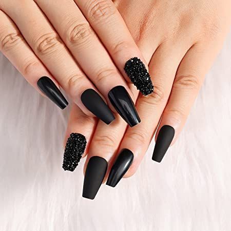 Different Shades Of Black, Black Coffin Nails, Coffin Nails Matte, Matte Black Nails, Red Acrylic Nails, Short Coffin Nails, Coffin Press On Nails, Black Nail Designs, Diamond Nails