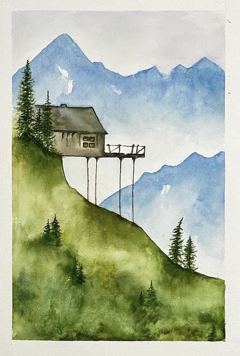 Simple House Watercolor, Watercolor Art Inspiration Easy, Landscape Ideas Watercolor, Watercolor And Pen Art Simple, Watercolor Barns Simple, Nature Watercolor Paintings Easy, Watercolor Paint Easy, Watercolor Paintings Landscape Beautiful, Easy Watercolor Paintings Landscapes