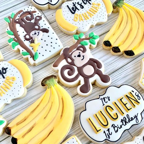 Banana Decorated Cookies, Lets Go Bananas Birthday Party, Bananas Birthday Party, Banana 1st Birthday Party, Banana First Birthday Party, Banana Themed Birthday Cake, Banana Birthday Theme, Banana Themed Birthday Party, Lets Go Bananas Birthday