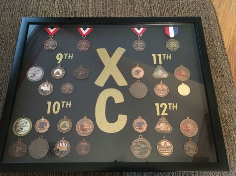 Track Medal Display, Track Medals, Medal Board, Track Banquet, Cross Country Pictures, Sports Shadow Boxes, Cross Country Running Training, Sports Pictures Display, Track Things