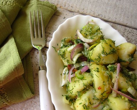 Ikaria potato salad with herbs and scallions Greece Food Recipes, Potato Salad With Dill, Healthy Potato Salad, Salad With Herbs, Ikaria Greece, Diane Kochilas, Salad With Dill, Blue Zones Recipes, Longevity Recipes