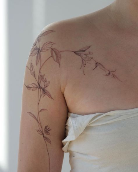 Honeysuckle vines for Roxy 🤍 | Instagram Simple Flower Shoulder Tattoos For Women, Floral Tattoo Collar Bone, Honeysuckle Tattoo Vines, Honeysuckle Vine Tattoo, Cool Shoulder Tattoos For Women, Honeysuckle Arm Tattoo, Honeysuckle Shoulder Tattoo, Around The Arm Tattoo, Honeysuckle Flower Tattoo