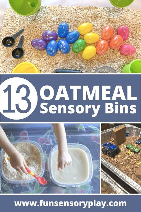 Sensory bin with oats Oat Sensory Bin, Sensory Bin With Oats, Oats Sensory Play, Oats Sensory Bin, Sensory Bin With Rice, Scented Sensory Bin, Rice And Beans Sensory Bin, Farm Sensory Bin, Edible Sand