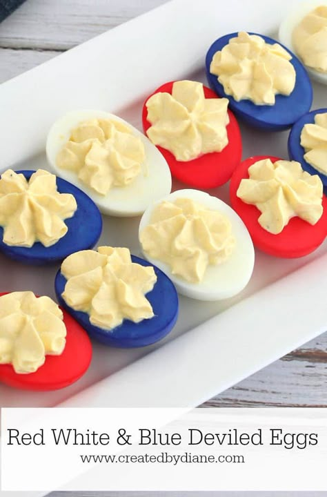 red white and blue deviled eggs #howto #foodcoloring #funfood #patriotic www.createdbydiane.com Red White Blue Appetizers 4th Of July, Red White And Blue Potluck Ideas, July 4th Deviled Eggs, Red White Blue Appetizers, Fourth Of July Picnic Food, Usa Themed Food, Fourth Of July Finger Foods, July 4 Party Food, Red White And Blue Food Dishes