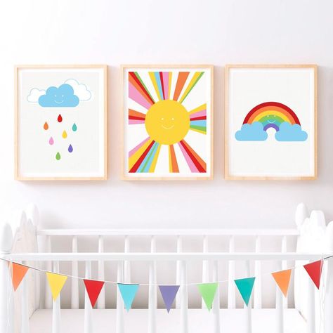 Nursery Decor Rainbow, Nursery Rainbow Theme, Bright Nursery Ideas, Bright Rainbow Nursery, Rainbow Nursery Wall Art, Rain And Rainbow, Somewhere Over The Rainbow Nursery, Colourful Nursery, Sun And Rainbow