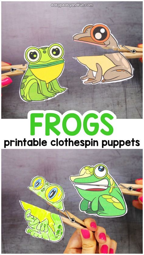 Printable Frogs Clothespin Puppets for Kids Clothespin Puppets, Frog Puppet, Puppets For Kids, Reindeer Craft, Frog Crafts, Puppet Crafts, Spring Crafts For Kids, Pom Pom Crafts, Clothes Pin Crafts