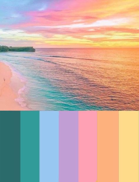 Pastel Sunset Color Palette Wedding, Sunset Color Palette Bedrooms, Sunset Colour Pallet, Beach Sunrise Color Palette, Sun Set Color Palette, Sunset Wedding Color Scheme, Sunset Bathroom Theme, Sunset Beach Wedding Colors, Sunset Bedroom Ideas