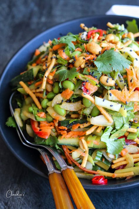 Crunchy Bok Choy Salad with Spicy Peanut Dressing Pak Choy Salad, Salad Peanut Dressing, Book Choy Salad, Asian Broccoli Slaw Salad Peanut Dressing, Bock Choy Soup Healthy, Peanut Butter Dressing, Stir Fry With Bock Choy, Spicy Peanut Dressing, Salad Sides