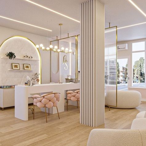 Want to know what will turn your everyday salon into an extraordinary one for your clients? Let's talk about LIGHT + FLOW 😀 Take a look at this stunning salon design by @anareitz.arquitetura. They’ve nailed it with natural light by using reeded glass instead of solid walls, creating a decorative partition that floods the space with gorgeous light. The combination of task and ambient lighting allows for perfect visibility and different mood levels throughout the day. The open layout ens... Beauty Studio Design, Aesthetics Salon, Beauty Salon Aesthetic, Salon Decor Studio, Luxury Spa Design, Decorative Partition, Beauty Room Salon, Feather Chandelier, Retail Interior Design