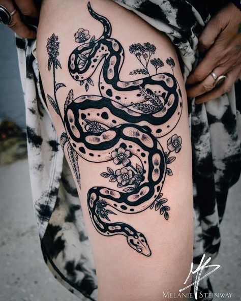 Dumerils boa with yarrow, wild rose and wood bettany. For her son - thank you so much Amanda 🙏🏻 —- #tattoo #blacktattoo #blacktattoomag… Boa Constrictor Tattoo, Small Zodiac Tattoos, Tattoos Silly, Small Tattoos Traditional, Silly Matching Tattoos, Feminine Shoulder Tattoos, 4 Tattoo, Tattoos Geometric, Snake Tattoo