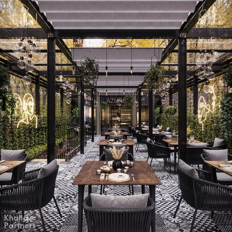 Azure Restaurant & Cafe :: Behance Outdoor Restaurant Patio, Rooftop Restaurant Design, Restaurant Exterior Design, Modern Restaurant Design, Outdoor Restaurant Design, Restaurant Exterior, Cozy Interior Design, Terrace Restaurant, House Roof Design