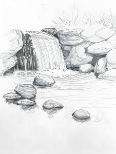 Forest With River Drawing, Mountain Waterfall Drawing, How To Draw Waterfall, How To Draw A Waterfall, Water Falls Drawing, Succulent Sketches, Shoreline Drawing, Landscape Sketch Nature, Tranquility Drawing