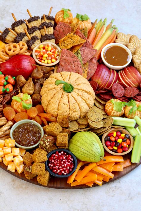 Fall Feast Board by The BakerMama British Tea Charcuterie Board, Bunco Snacks For Tables, Fall Grazing Board Ideas, Fall Snack Board, Church Snacks, Nutter Butter Acorns, Pumpkin Board, Charcuterie Trays, Graze Board