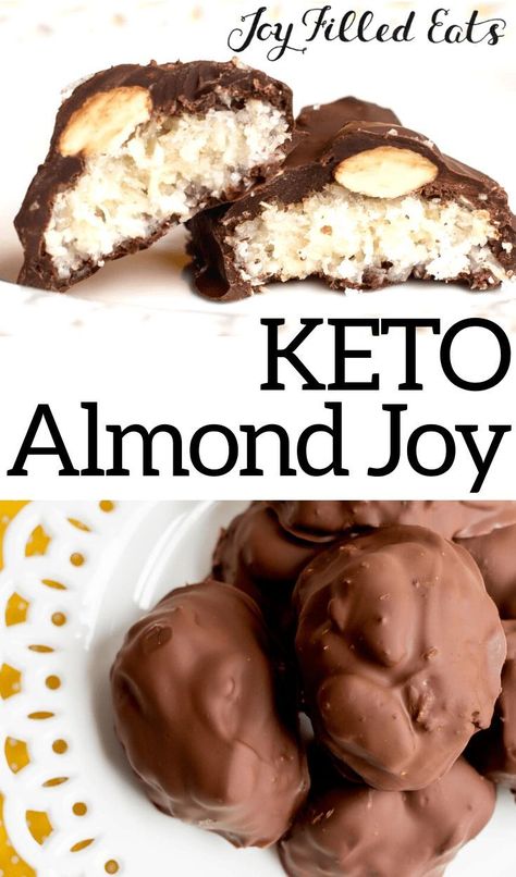 You won't miss this candy bar favorite any longer. With my healthy version of the classic Almond Joy candies, you can indulge without guilt! These mix up in minutes with a chewy coconut base topped with almonds and coated with melted chocolate. Only 2 net carbs per candy! #lowcarb #lowcarbrecipes #lowcarbdiet #keto #ketorecipes #ketodiet #thm #trimhealthymama #glutenfree #grainfree #glutenfreerecipes #recipes Keto Almond Joy, Almond Joy Candy Bars, Almond Joy Candy, Almond Joy Bars, Low Carb Candy, Postre Keto, Keto Candy, Joy Filled Eats, Healthy Version