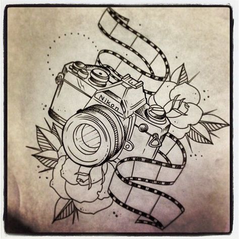 Camera Tattoo Design, Camera Tattoos, Camera Drawing, Camera Tattoo, Tattoo Zeichnungen, Tattoo Photography, Camera Art, Nikon Camera, Disney Tattoos