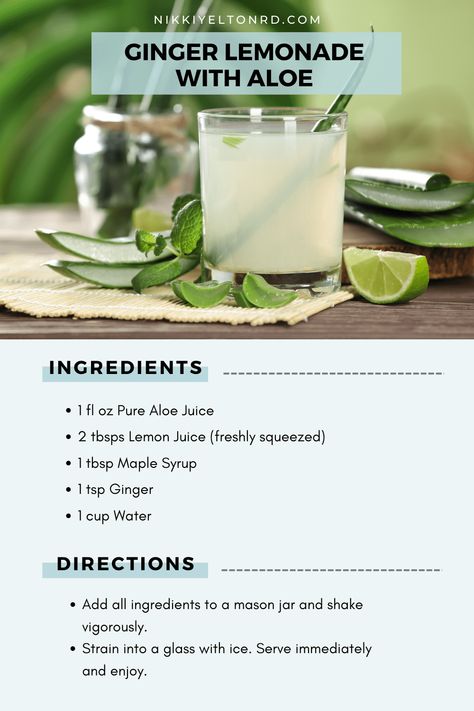 Healing Benefits of Aloe Vera Juice + How to Consume Safely - Nikki Yelton RD Aloe Juice Benefits, Aloe Vera Juice Recipes, Aloe Benefits, Aloe Vera Juice Benefits, Aloe Vera Juice Drink, Aloe Vera Recipes, Gut Healing Foods, Benefits Of Aloe Vera, Ginger Lemonade