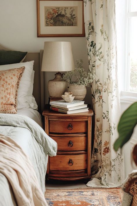 Narrow nightstand made of wood with drawers in a cozy bedroom. English Cottage Nightstand, Vintage Dresser Nightstand, Corner Nightstand Ideas, One Bedside Table In Bedroom, Mix Matched Nightstands, Single Nightstand Bedroom, Vintage Style Nightstand, Vintage Wood Nightstand, Wood Bed Side Tables