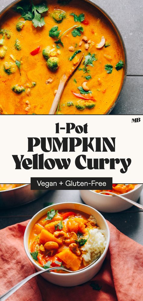 EASY 1-pot Pumpkin Curry with yellow curry paste, coconut milk, fresh vegetables, and pumpkin. A simple yet satisfying plant-based, gluten-free dinner! Vegan Pumpkin Curry, Yellow Curry Recipe, Pumpkin Recipes Dinner, Yellow Curry Paste, Fall Meal, Yellow Curry, Pumpkin Curry, Cold Weather Food, Plant Based Snacks