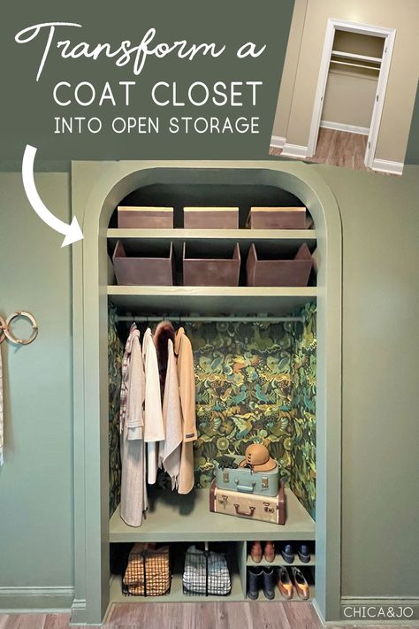 Small Entryway Closet, Hall Closet Makeover, Coat Closet Makeover, Coat Closet Ideas, Closet Conversion, Front Hall Closet, Closet Transformation, Mudroom Closet, Closet Redo