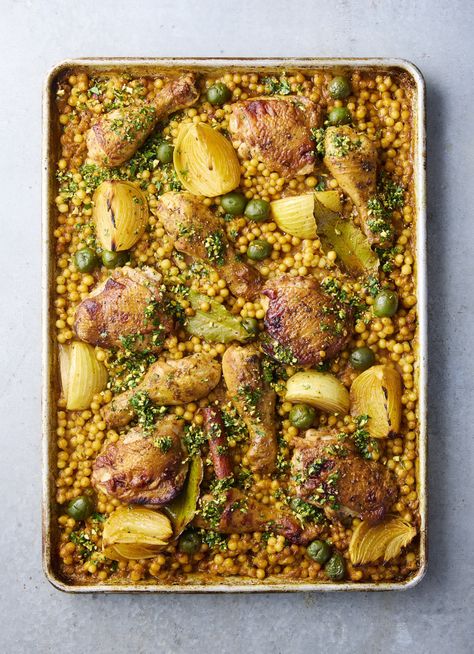 Moroccan Baked Chicken with Pearl Couscous » Dish Magazine Chicken And Pearl Couscous, Pearl Couscous Recipes Chicken, Baked Couscous, Moroccan Feast, Pearl Couscous Recipes, Dish Magazine, Pan Dishes, Chicken Tray Bake, Pearl Couscous