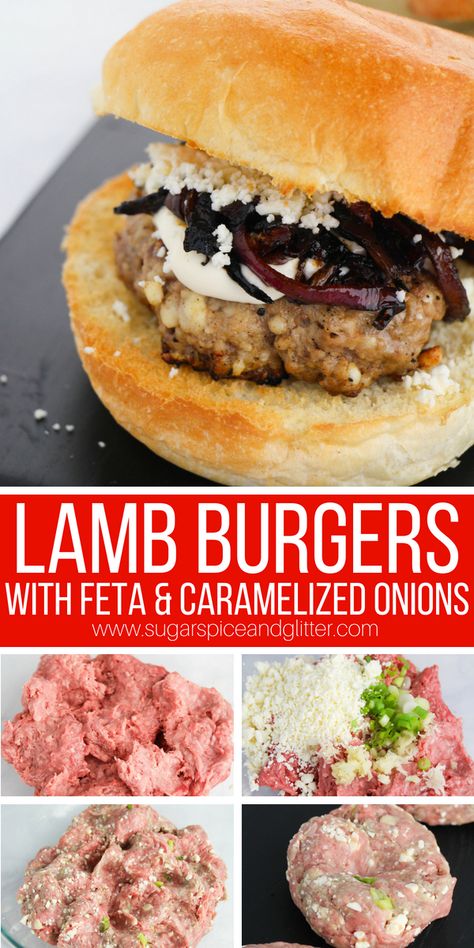 Lamb Burgers With Feta, Lamb Burger Recipe, Burger With Caramelized Onions, Lamb Burger Recipes, Lamb Sliders, Stuffed Breads, Apple Pork Tenderloin, Lamb Burger, Easy Burger Recipe