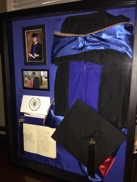 Graduation Shadow Box - proud Mom box.... Brian's 2014 Georgia State University Shadow Box Cap And Gown, Graduation Shadow Box Ideas College, Graduation Cap And Gown Shadow Box Ideas, Shadow Box For Graduation Cap And Gown, Graduation Memory Box Ideas, Shadow Box For Graduation, Graduation Frame Display, College Graduation Shadow Box Ideas, Graduation Shadow Box College