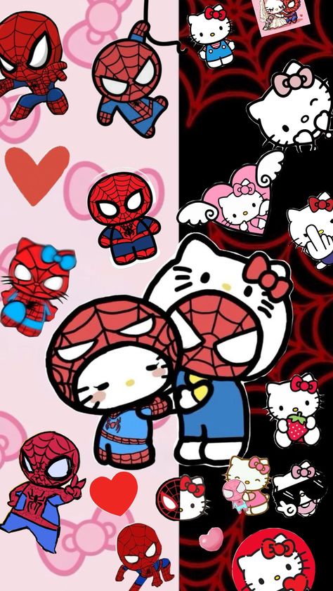 #hellokitty #love #spiderman Cute Hello Kitty And Spiderman, Spider Man Wallpaper For Ipad, Cute Wallpapers For Boyfriend, Hello Kitty Spider Man Wallpaper, Hello Kitty Spider-man, Hello Kitty Wallpaper Iphone Red, Hello Kitty And Spider Man Wallpaper, Spiderman Wallpaper Iphone Lockscreen, Pink Spiderman Aesthetic