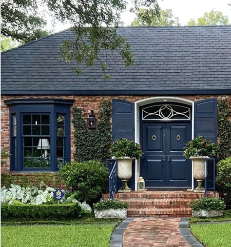 Blue Shutters Brick House, Brick House With Blue Shutters, Shutters Brick House, Navy Shutters, Navy Blue House, Navy Blue Houses, Potted Boxwood, House Brick, Blue Shutters