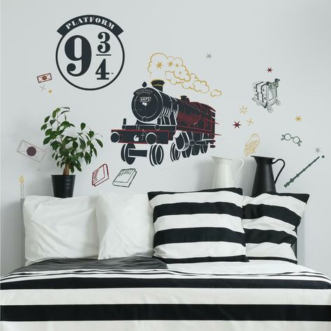 "Shop RoomMates Hogwarts Express Giant Wall Decal at Michaels. com. Dress up your walls and space with these repositionable decals from RoomMates! All aboard the Hogwarts Express! Bring home the magic of Harry Potter with this officially licensed Hogwarts Express giant peel and stick decal from RoomMates that includes not only the famous railroad engine but also the platform sign at London's King's Cross Station Platform 9¾ and several other train decals to create a fan favorite wall in any room Harry Potter Inspired Bedroom, Harry Potter Signs, Hogwarts Express Train, The Hogwarts Express, Harry Potter Nursery, Harry Potter Room Decor, Harry Potter Wall, Harry Potter Room, Harry Potter Films