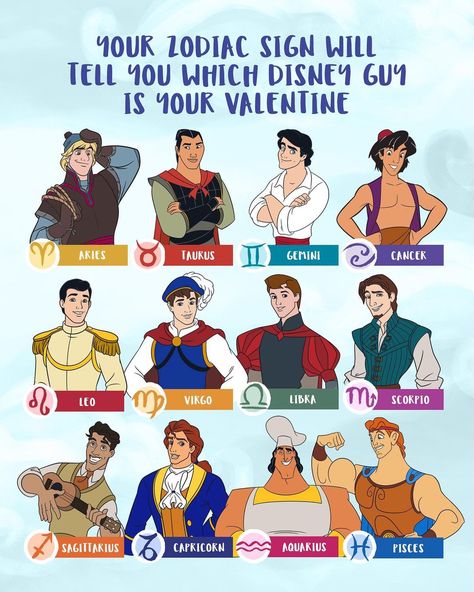 We're sure he'll be charmed to meet you. Share your match below for #ValentinesDay! ❤️🤴 | Instagram Disney Zodiac, Scorpio And Libra, Virgo And Scorpio, Pisces And Aquarius, Leo And Sagittarius, Loki Fanart, Disney Artists, Leo And Virgo, Sagittarius And Capricorn