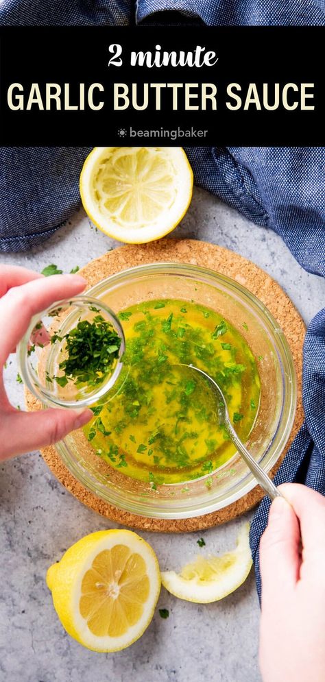 Garlic Butter Sauce is made in minutes for herby, garlicky, and delightfully buttery flavor. With just 5 ingredients, this incredible sauce goes great on seafood, pasta, pizza, as a dipping sauce, and more! | Recipe at BeamingBaker.com Toasted Crackers, Garlic Butter Pasta, Make Garlic Butter, Lemon Juice Uses, Vegetable Diet, Garlic Parmesan Sauce, Creamy Ranch Dressing, Tomato Basil Pasta, Butter Pasta