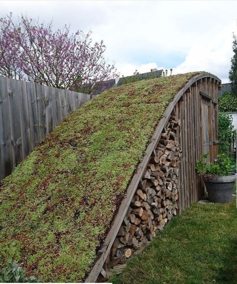 Grass Shed Roof, Garden Wood Storage, Exterior Sauna Design, Sloping Garden Design, Acreage Landscaping Ideas Country Life, Build A Root Cellar, Grass Roof, Root Cellar, Sauna Design