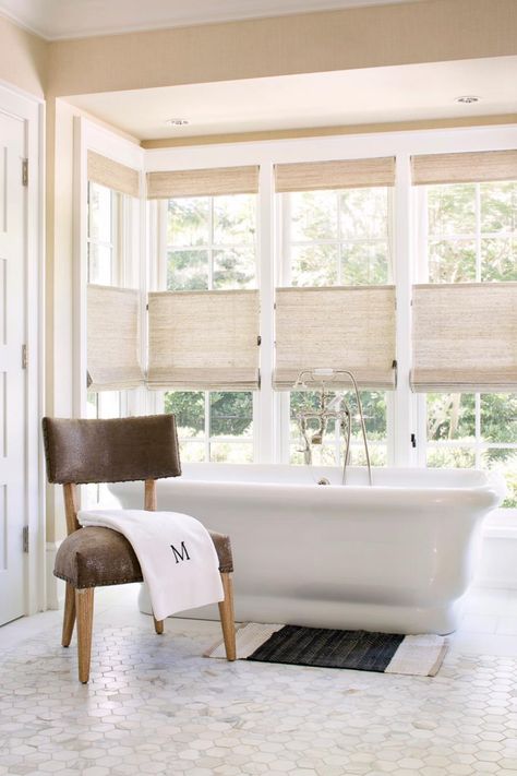 Top Down, Bottom Up Shades Kitchen Window Coverings, Popular Window Treatments, Bathroom Window Treatments, Woven Wood Shades, Window Treatments Living Room, Bamboo Shades, Room Window, Luxe Interiors, Bathroom Windows