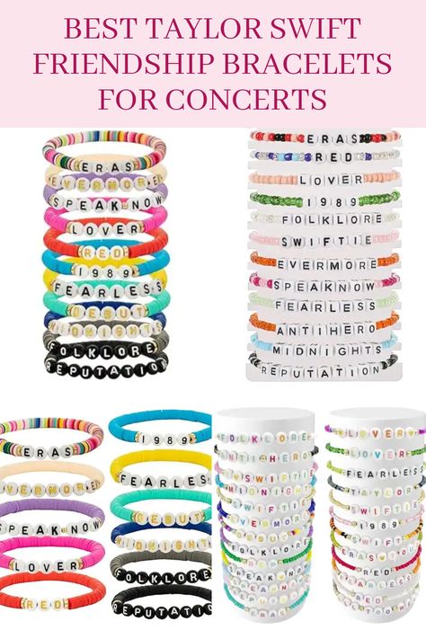 Are you ready to shine at the next Taylor Swift concert? Check out our handpicked collection of 20 amazing Taylor Swift friendship bracelets that will add a pop of fun and style to your concert outfit! Featuring everything from 'Fearless' to '1989', these bracelets celebrate your favorite albums and the friendships formed over the shared love of her music. Perfect as gifts for fellow Swifties or to trade with friends at the Eras Tour, each bracelet is designed to show your love for Taylor in a unique and stylish way! Don't miss out on these essential concert accessories for Swifties! Swift Bracelet Ideas, Taylor Swift Inspired Jewelry, Concert Accessories, Swift Friendship Bracelets, Taylor Swift Friendship Bracelets, Favorite Albums, Preppy Bracelets, Swift Concert, Trending Bracelets